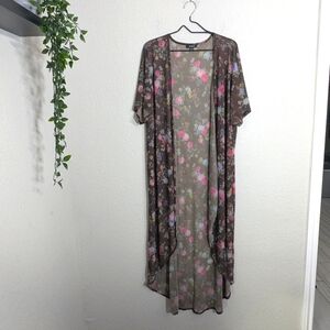 Torrid Mesh Floral Long Kimono Duster Cover-Up Brown Pink Lightweight Summer 1/2